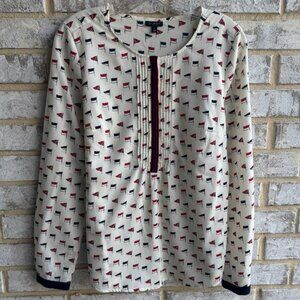 Talbots Blue Red Flag Print Long Sleeve 1/2 Button Blouse Women’s Size 8
